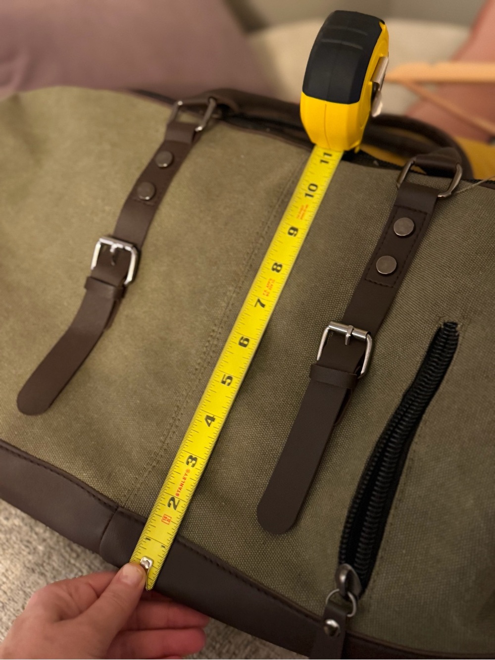 Canvas Weekender Duffel Bag - Olive Green with Brown Trim - Picture 13 of 15